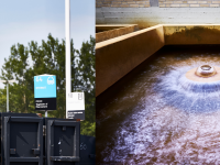 Foto af skilte på genbrugsstation samt af vandværk