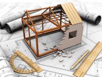 Illustration af hus med byggemateriale og -redskaber rundt om