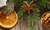 Julepynt: gran, tørrede appelsiner, nødder